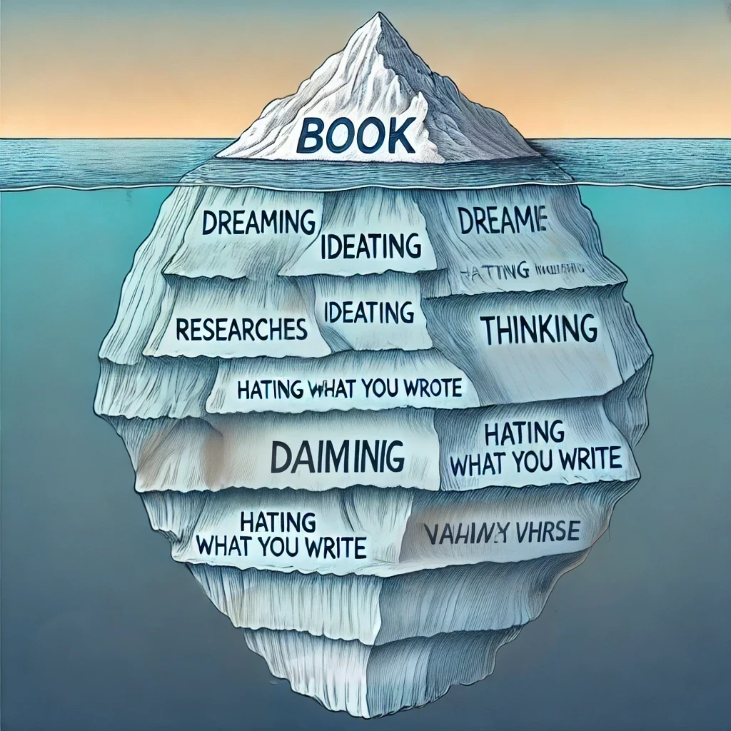 The words on the iceberg are intentionally humorous and occasionally misspelled to capture the struggles and frustrations of the writing process. These “errors” highlight the exhausting journey of drafting, revising, and the inevitable slip-ups that come with it – a reminder that the path to creating a book is messy, challenging, and full of ups and downs.